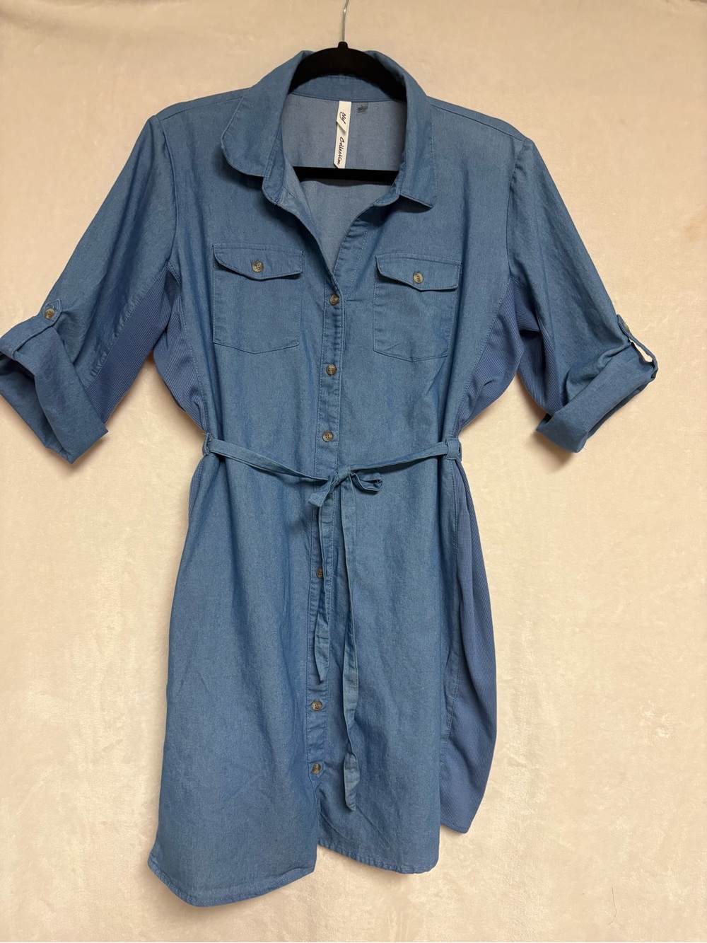Blue Shirt Midi Dress with Tie Belt